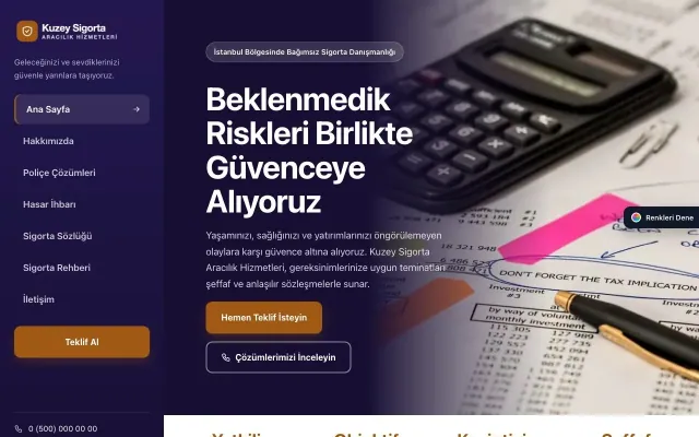Sigorta Acentesi için Sol Menü Lacivert Turuncu – Sigorta Acentesi Web Sitesi ana sayfa görünümü