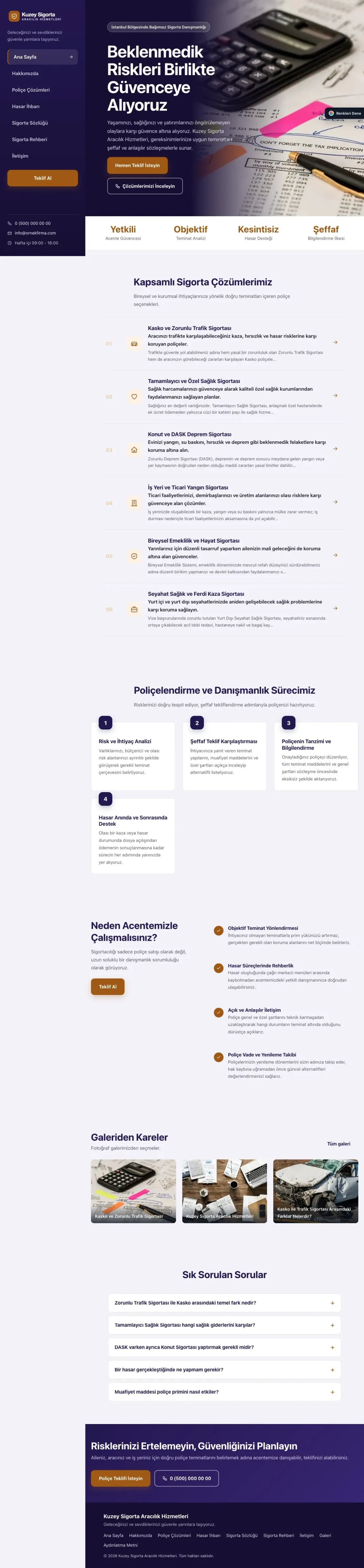 Sigorta Acentesi için Sol Menü Lacivert Turuncu – Sigorta Acentesi Web Sitesi ana sayfa görünümü