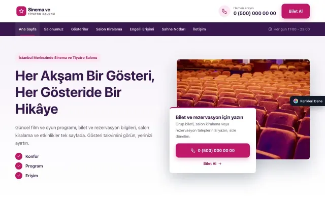 Sinema ve Tiyatro Salonu için Bölünmüş Mor Pembe – Sinema ve Tiyatro Salonu Web Sitesi ana sayfa görünümü