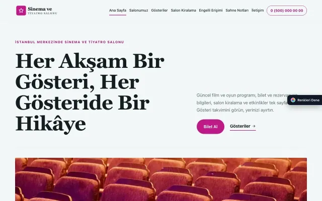 Sinema ve Tiyatro Salonu için Dergi Editoryal Petrol Pembe – Sinema ve Tiyatro Salonu Web Sitesi ana sayfa görünümü