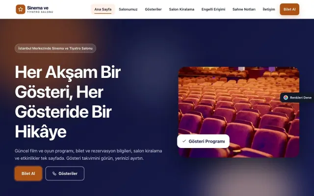 Sinema ve Tiyatro Salonu için Hareketli Lacivert Turuncu – Sinema ve Tiyatro Salonu Web Sitesi ana sayfa görünümü
