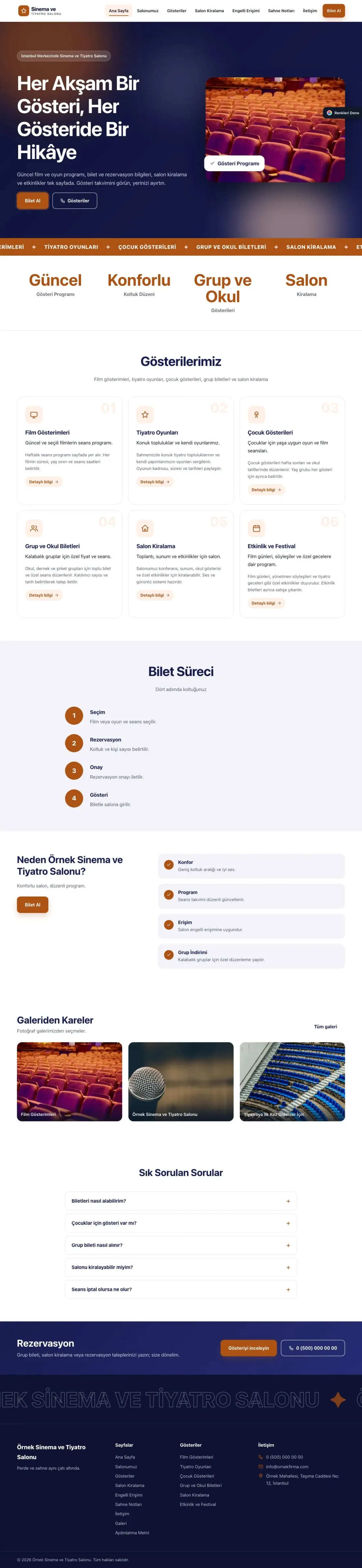 Sinema ve Tiyatro Salonu için Hareketli Lacivert Turuncu – Sinema ve Tiyatro Salonu Web Sitesi ana sayfa görünümü