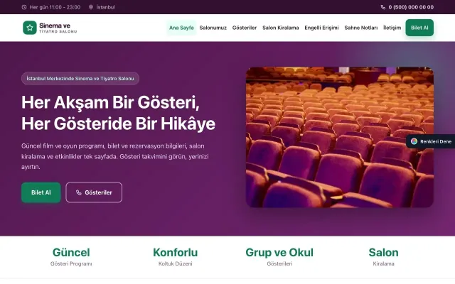 Sinema ve Tiyatro Salonu için Klasik Erik Turkuaz – Sinema ve Tiyatro Salonu Web Sitesi ana sayfa görünümü