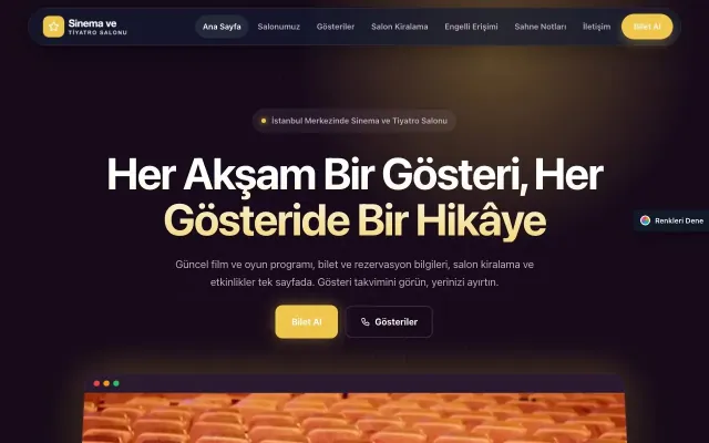 Sinema ve Tiyatro Salonu için Koyu Modern Mor Amber – Sinema ve Tiyatro Salonu Web Sitesi ana sayfa görünümü