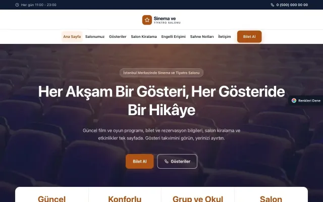 Sinema ve Tiyatro Salonu için Merkez Mavi Turuncu – Sinema ve Tiyatro Salonu Web Sitesi ana sayfa görünümü
