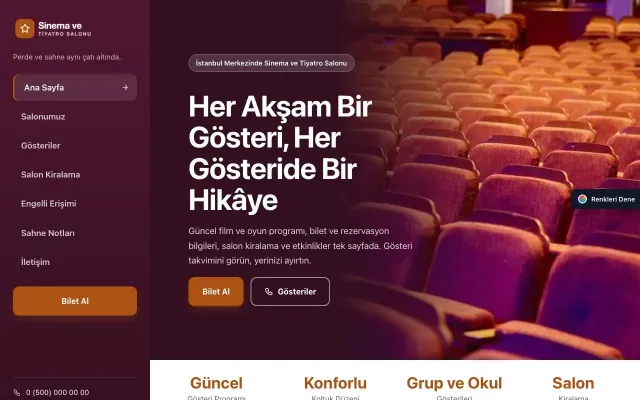 Sinema ve Tiyatro Salonu için Sol Menü Erik Turuncu – Sinema ve Tiyatro Salonu Web Sitesi ana sayfa görünümü