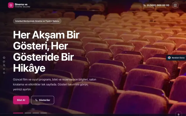 Sinema ve Tiyatro Salonu için Tam Ekran Mavi Pembe – Sinema ve Tiyatro Salonu Web Sitesi ana sayfa görünümü