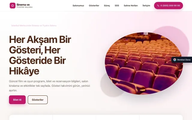 Sinema ve Tiyatro Salonu için Tek Sayfa Kahve Pembe – Sinema ve Tiyatro Salonu Web Sitesi ana sayfa görünümü