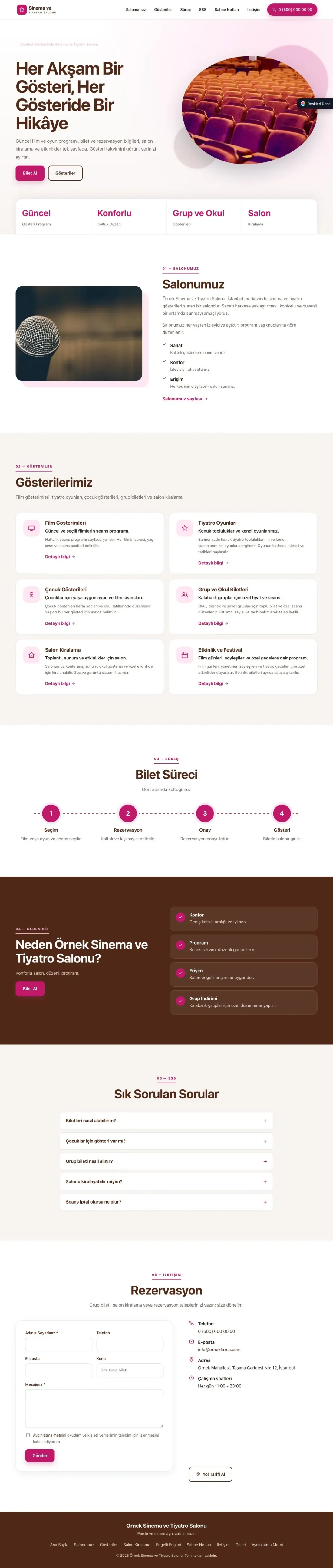 Sinema ve Tiyatro Salonu için Tek Sayfa Kahve Pembe – Sinema ve Tiyatro Salonu Web Sitesi ana sayfa görünümü