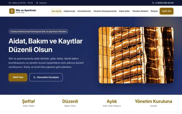 Site ve Apartman Yönetimi için Klasik Lacivert Amber – Site ve Apartman Yönetimi Web Sitesi ana sayfa görünümü