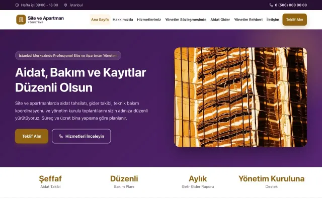 Site ve Apartman Yönetimi için Klasik Mor Turuncu – Site ve Apartman Yönetimi Web Sitesi ana sayfa görünümü