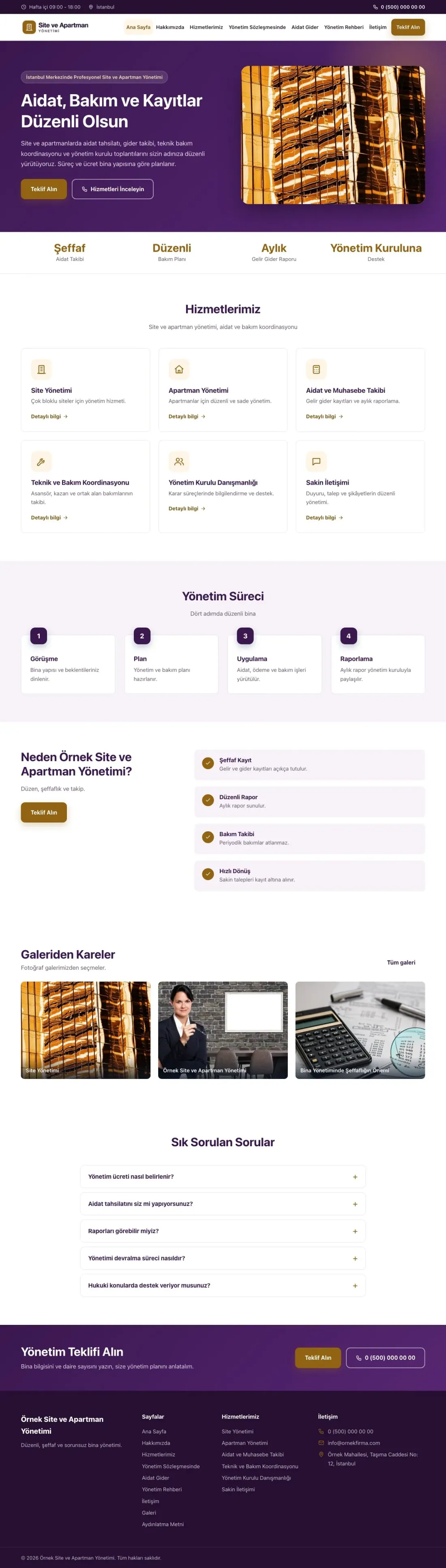 Site ve Apartman Yönetimi için Klasik Mor Turuncu – Site ve Apartman Yönetimi Web Sitesi ana sayfa görünümü