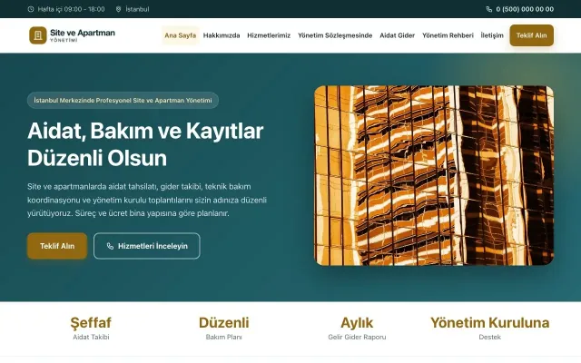 Site ve Apartman Yönetimi için Klasik Petrol Amber – Site ve Apartman Yönetimi Web Sitesi ana sayfa görünümü