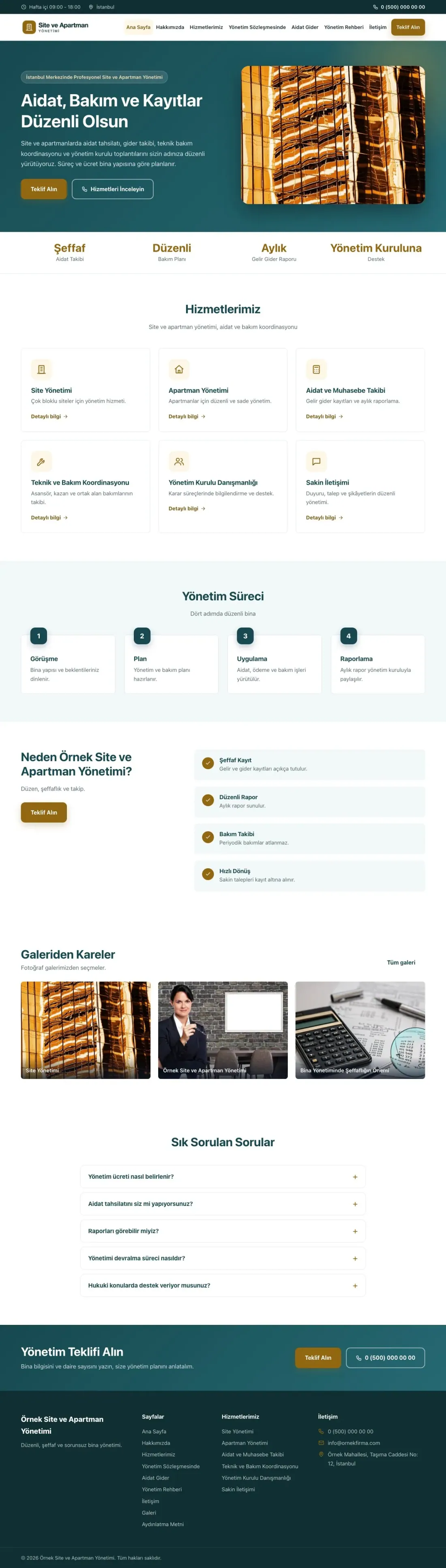 Site ve Apartman Yönetimi için Klasik Petrol Amber – Site ve Apartman Yönetimi Web Sitesi ana sayfa görünümü