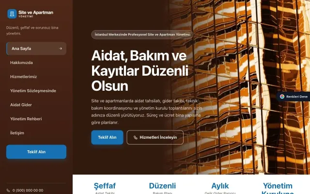 Site ve Apartman Yönetimi için Sol Menü Kahve Mavi – Site ve Apartman Yönetimi Web Sitesi ana sayfa görünümü