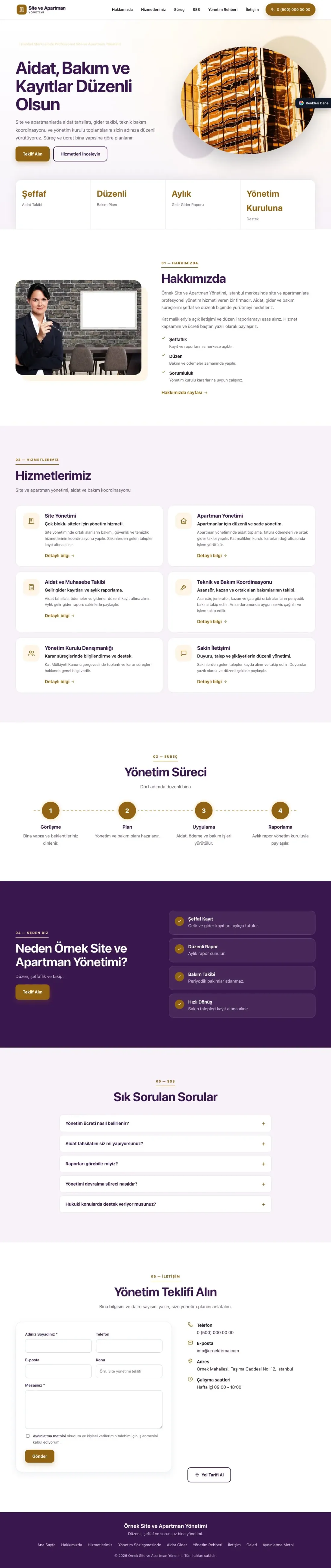 Site ve Apartman Yönetimi için Tek Sayfa Mor Turuncu – Site ve Apartman Yönetimi Web Sitesi ana sayfa görünümü