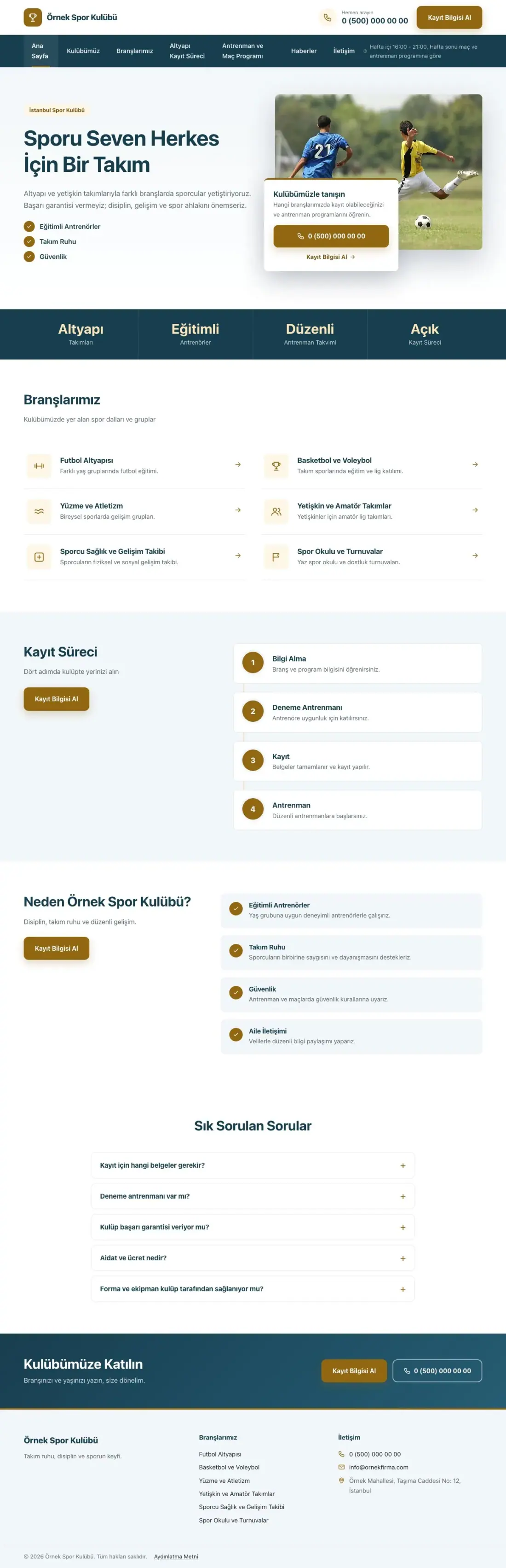 Spor Kulübü için Bölünmüş Mavi Amber – Spor Kulübü Web Sitesi ana sayfa görünümü