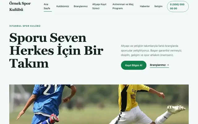 Spor Kulübü için Editoryal Petrol Yeşil – Spor Kulübü Web Sitesi ana sayfa görünümü