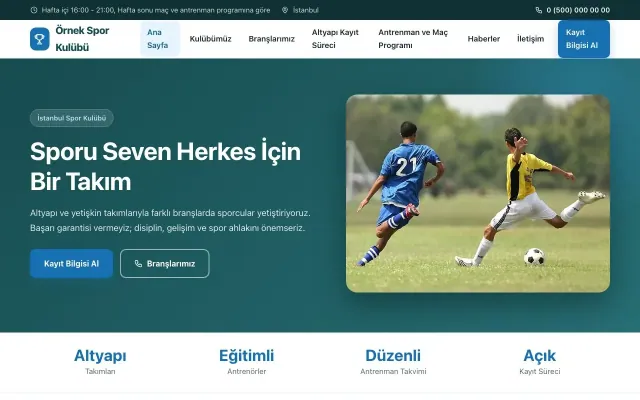Spor Kulübü için Klasik Petrol Mavi – Spor Kulübü Web Sitesi ana sayfa görünümü