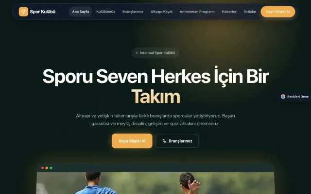 Spor Kulübü için Koyu Modern Petrol Turuncu – Spor Kulübü Web Sitesi ana sayfa görünümü