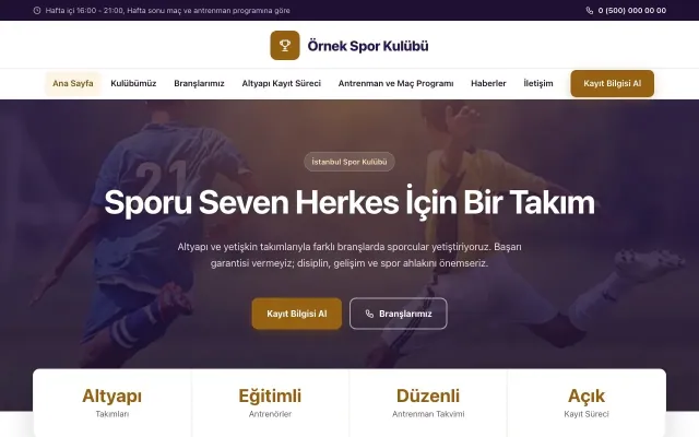 Spor Kulübü için Merkez Mor Turuncu – Spor Kulübü Web Sitesi ana sayfa görünümü