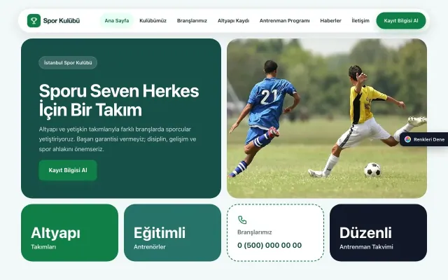 Spor Kulübü için Mozaik Petrol Yeşil – Spor Kulübü Web Sitesi ana sayfa görünümü