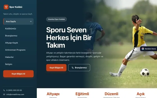 Spor Kulübü için Sol Menü Mavi Turuncu – Spor Kulübü Web Sitesi ana sayfa görünümü
