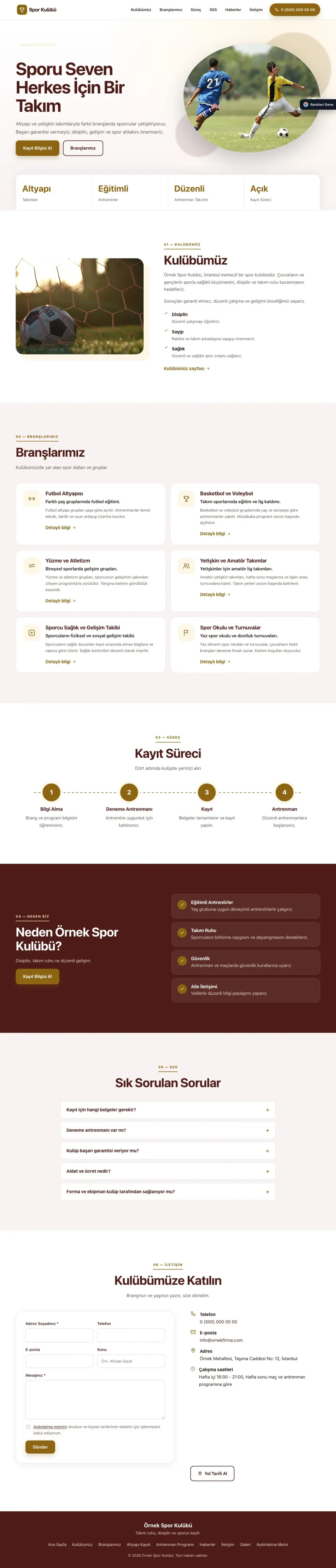 Spor Kulübü için Tek Sayfa Bordo Amber – Spor Kulübü Web Sitesi ana sayfa görünümü