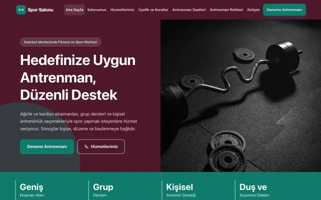 Blok Bordo Turkuaz – Spor Salonu Web Sitesi ana sayfa görünümü