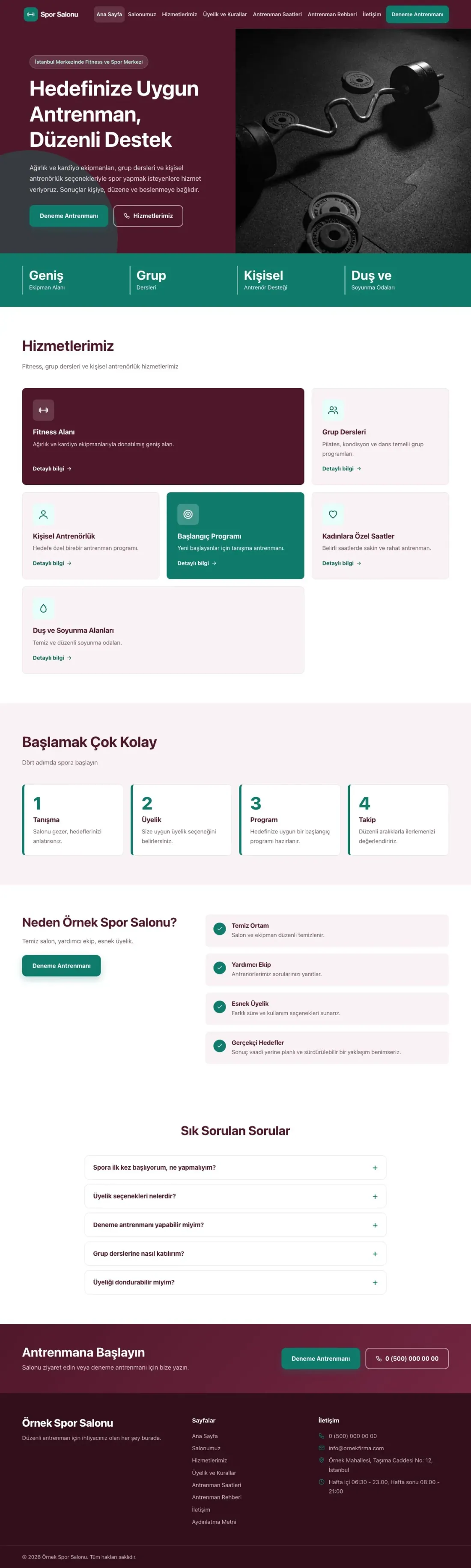 Blok Bordo Turkuaz – Spor Salonu Web Sitesi ana sayfa görünümü