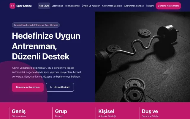 Blok Lacivert Pembe – Spor Salonu Web Sitesi ana sayfa görünümü