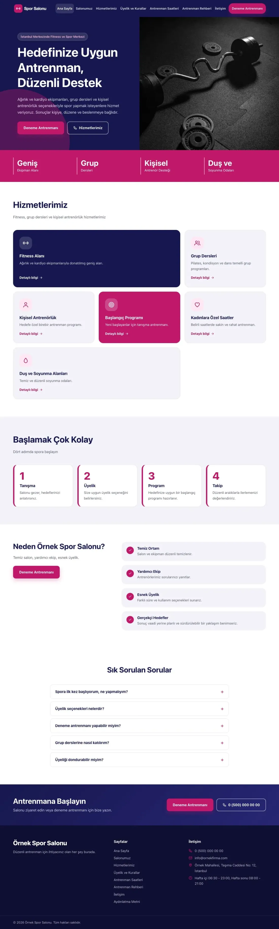 Blok Lacivert Pembe – Spor Salonu Web Sitesi ana sayfa görünümü