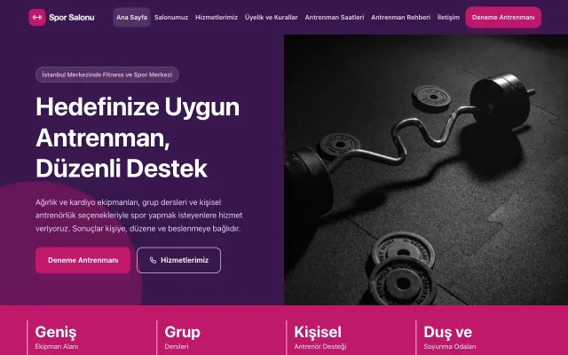 Blok Mor Pembe – Spor Salonu Web Sitesi ana sayfa görünümü