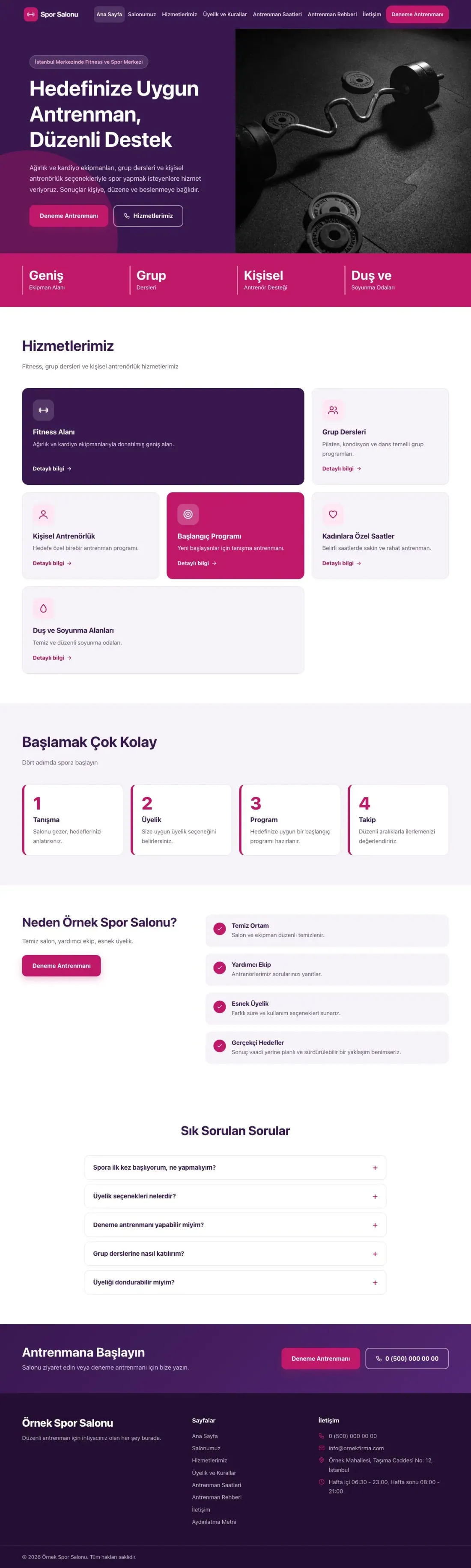 Blok Mor Pembe – Spor Salonu Web Sitesi ana sayfa görünümü