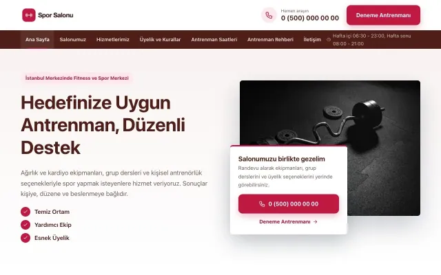 Bölünmüş Bordo Kırmızı – Spor Salonu Web Sitesi ana sayfa görünümü
