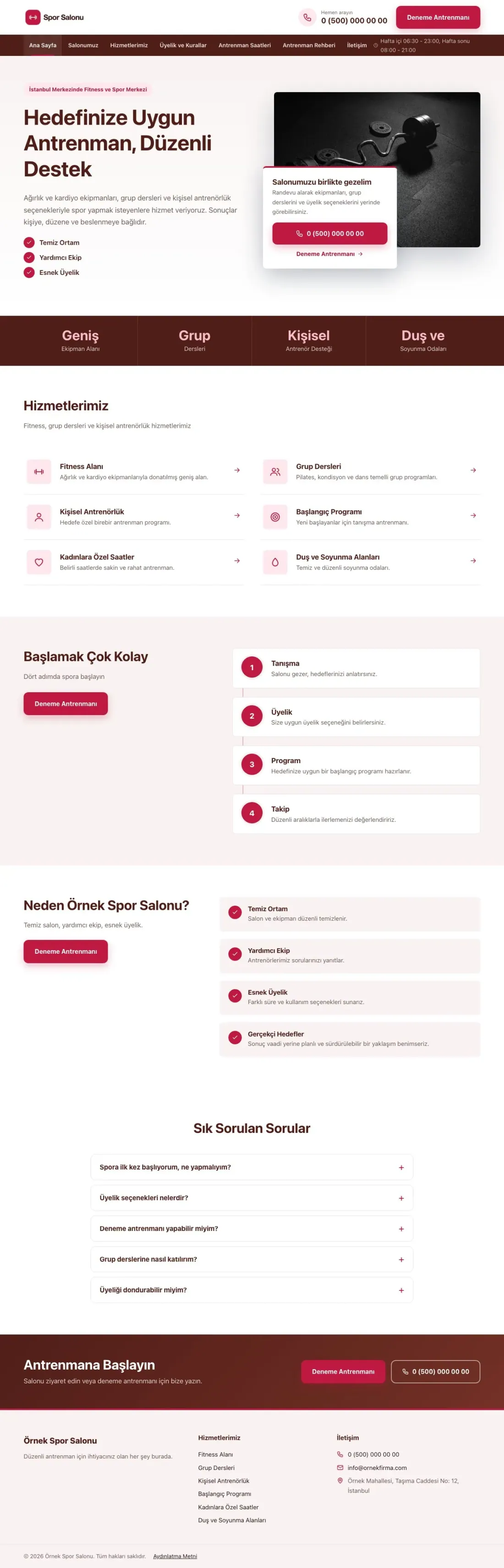 Bölünmüş Bordo Kırmızı – Spor Salonu Web Sitesi ana sayfa görünümü