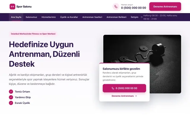 Bölünmüş Mor Pembe – Spor Salonu Web Sitesi ana sayfa görünümü