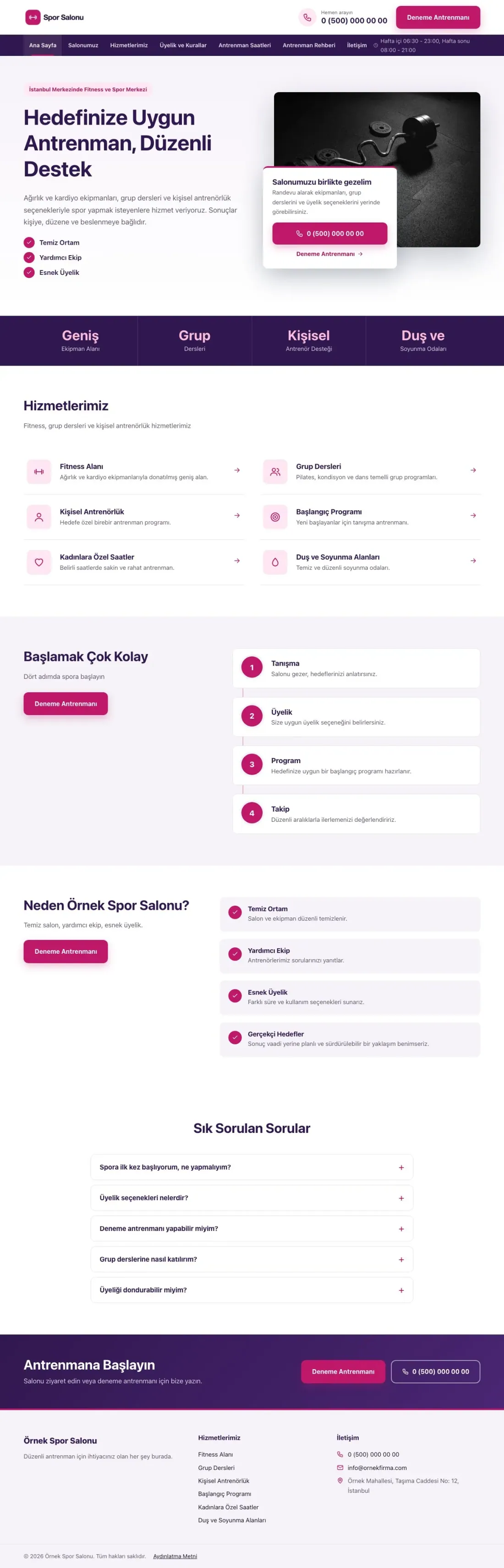 Bölünmüş Mor Pembe – Spor Salonu Web Sitesi ana sayfa görünümü