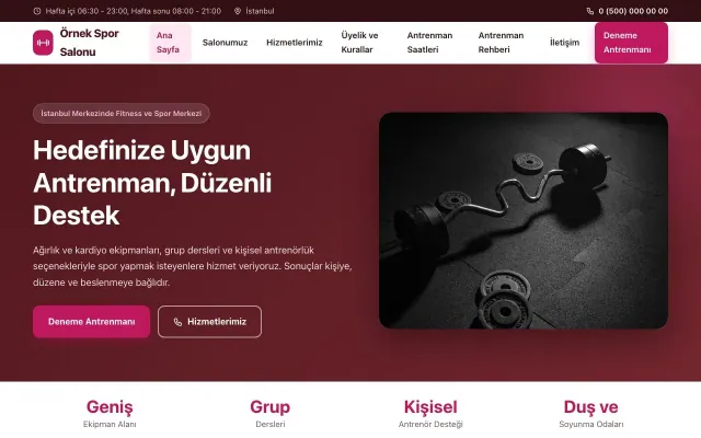 Spor Salonu için Klasik Bordo Pembe – Spor Salonu Web Sitesi ana sayfa görünümü