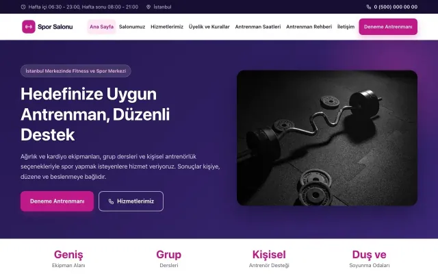Klasik Lacivert Pembe – Spor Salonu Web Sitesi ana sayfa görünümü