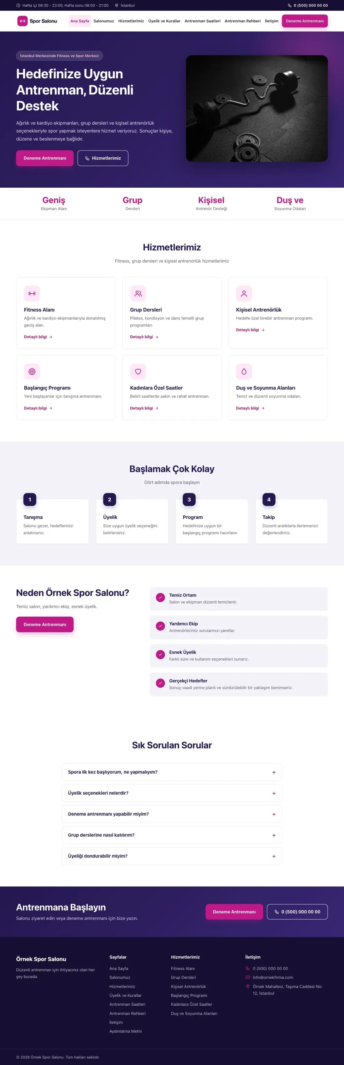 Klasik Lacivert Pembe – Spor Salonu Web Sitesi ana sayfa görünümü