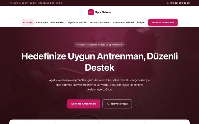 Merkez Bordo Pembe – Spor Salonu Web Sitesi ana sayfa görünümü