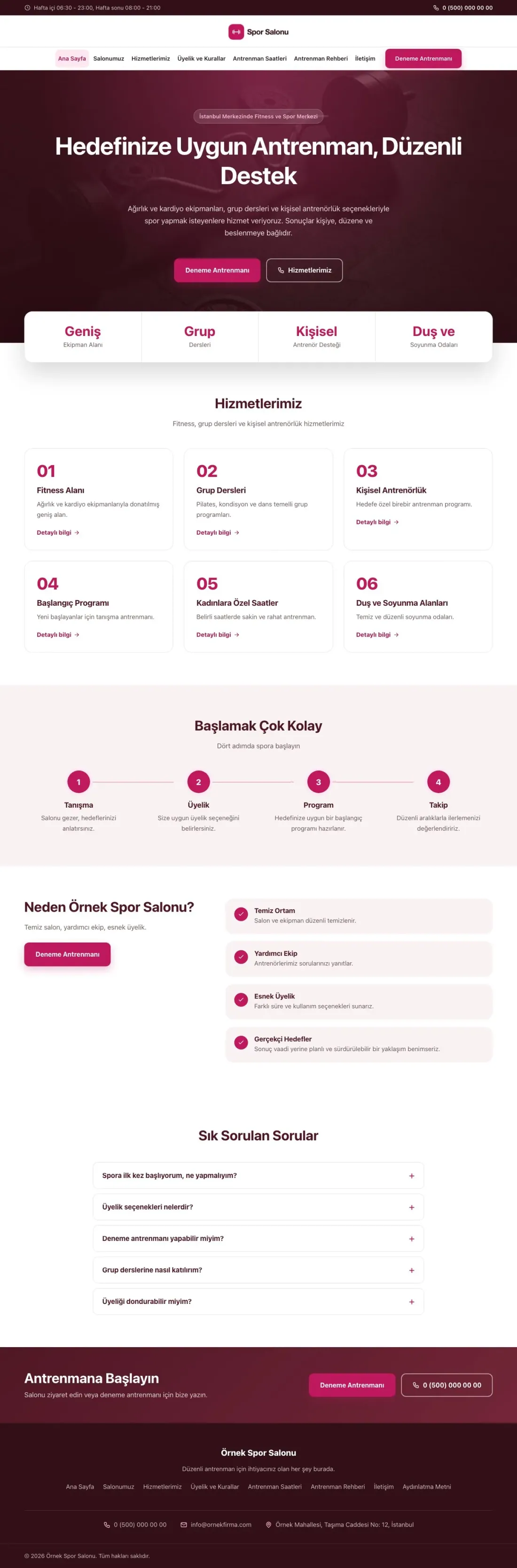 Merkez Bordo Pembe – Spor Salonu Web Sitesi ana sayfa görünümü