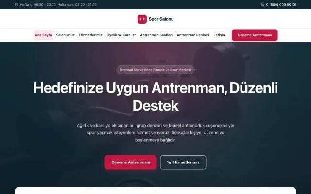 Merkez Mavi Kırmızı – Spor Salonu Web Sitesi ana sayfa görünümü