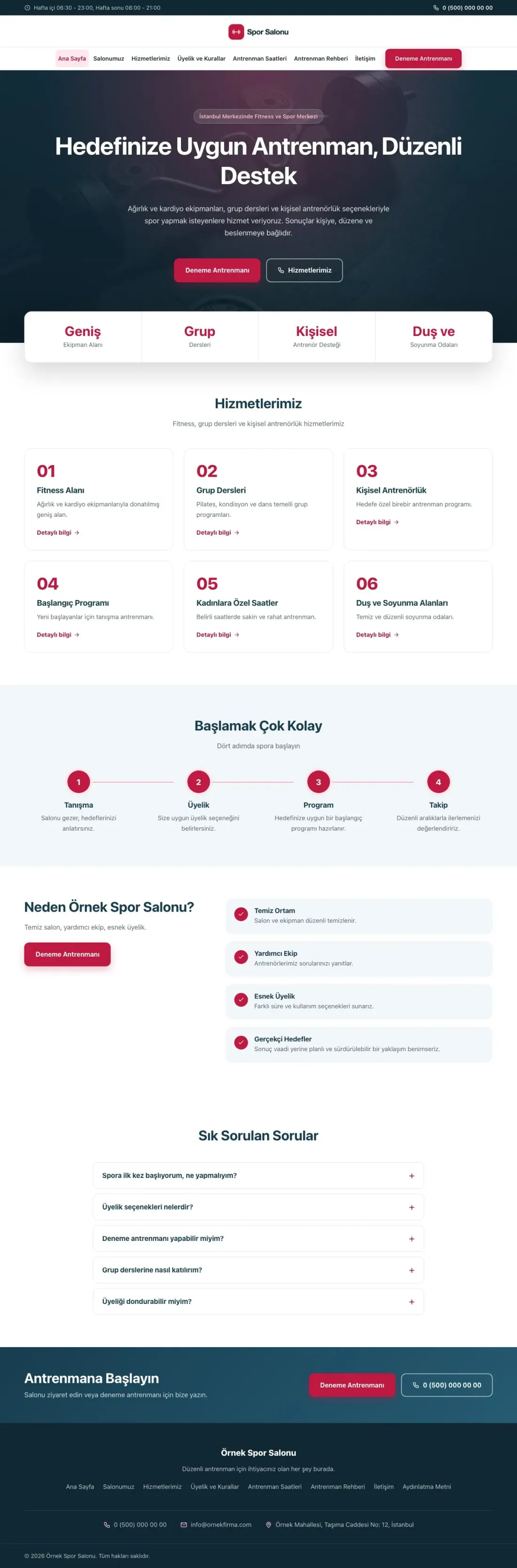 Merkez Mavi Kırmızı – Spor Salonu Web Sitesi ana sayfa görünümü