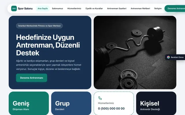 Spor Salonu için Mozaik Mavi Turkuaz – Spor Salonu Web Sitesi ana sayfa görünümü