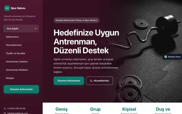 Spor Salonu için Sol Menü Erik Turkuaz – Spor Salonu Web Sitesi ana sayfa görünümü