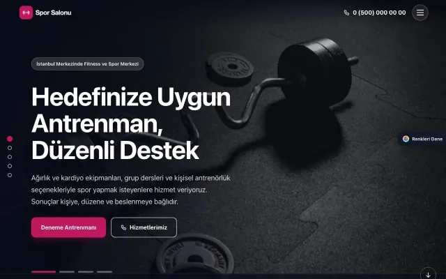 Spor Salonu için Tam Ekran Petrol Pembe – Spor Salonu Web Sitesi ana sayfa görünümü
