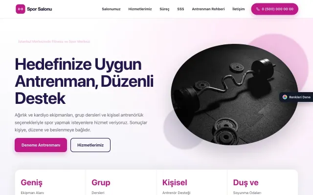 Spor Salonu için Tek Sayfa Lacivert Pembe – Spor Salonu Web Sitesi ana sayfa görünümü