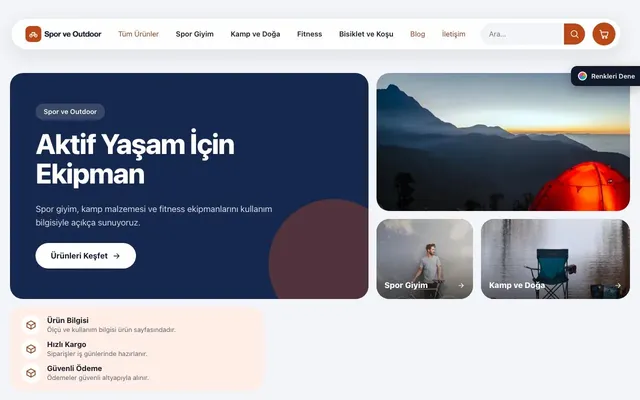 Spor ve Outdoor için Bento Mavi Turuncu – Spor ve Outdoor E-ticaret Sitesi ana sayfa görünümü